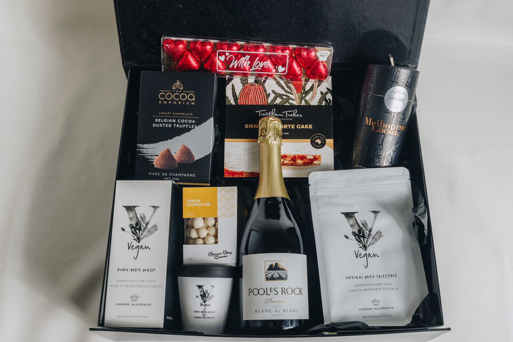 Vegan body products, Wine and Gourmet food Hamper